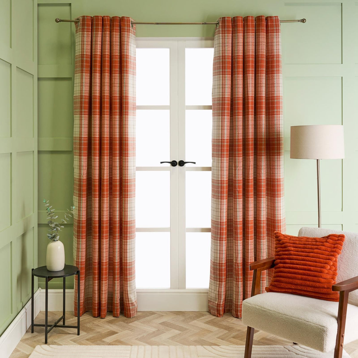 OHS Check Eyelet Curtains Pair Thermal Ring Top Textured Woven Ready Made