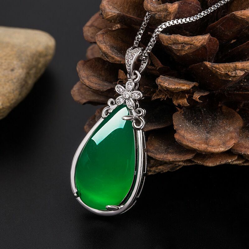 925 Sterling Silver Crystal Flower Jade Pendant Necklace Women Jewellery Gift UK