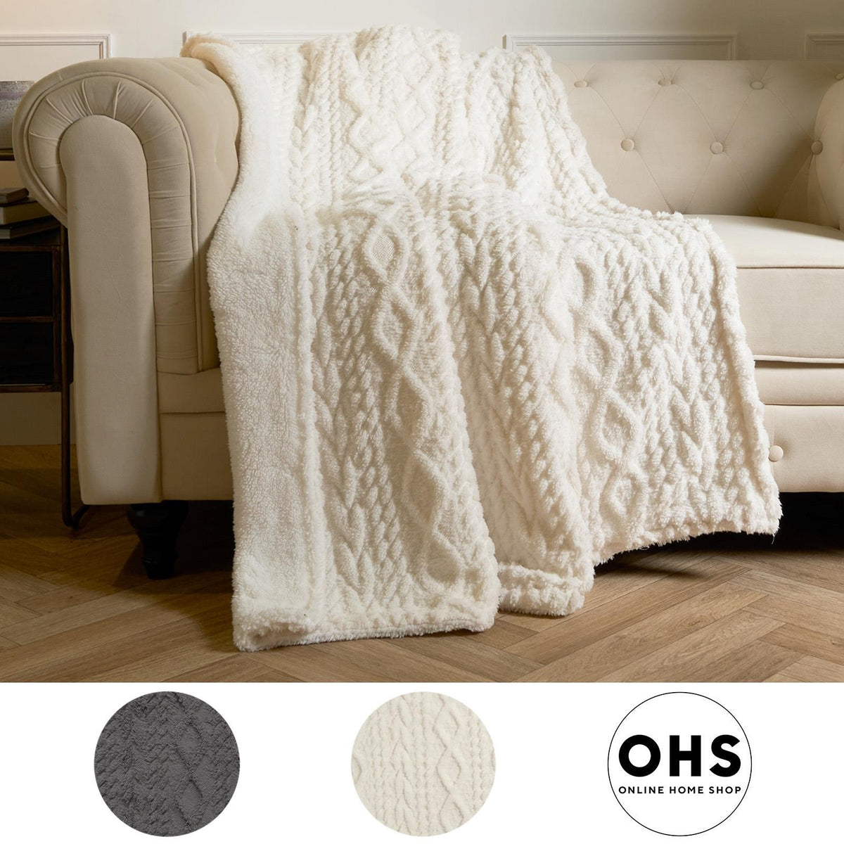 OHS Cable Knit Blanket Sherpa Fleece Sofa Plush Soft Warm Throw Over Bed Chair