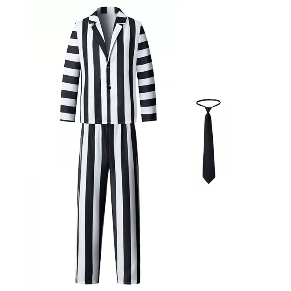 Men Beetlejuice Fancy Dress Spooky Halloween Cosplay Costume with Suit Pants Tie