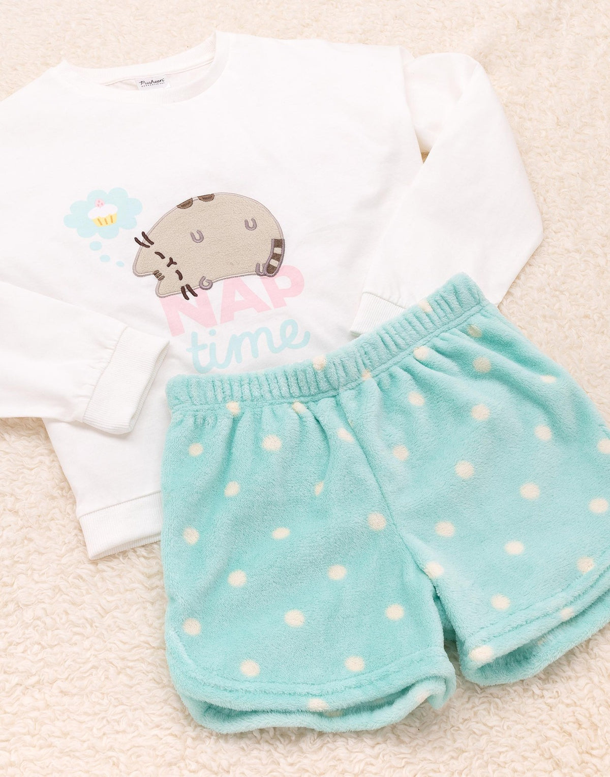 Pusheen Long Sleeve Short Leg Pyjama Set | Girls Blue/Cream | Official Merch