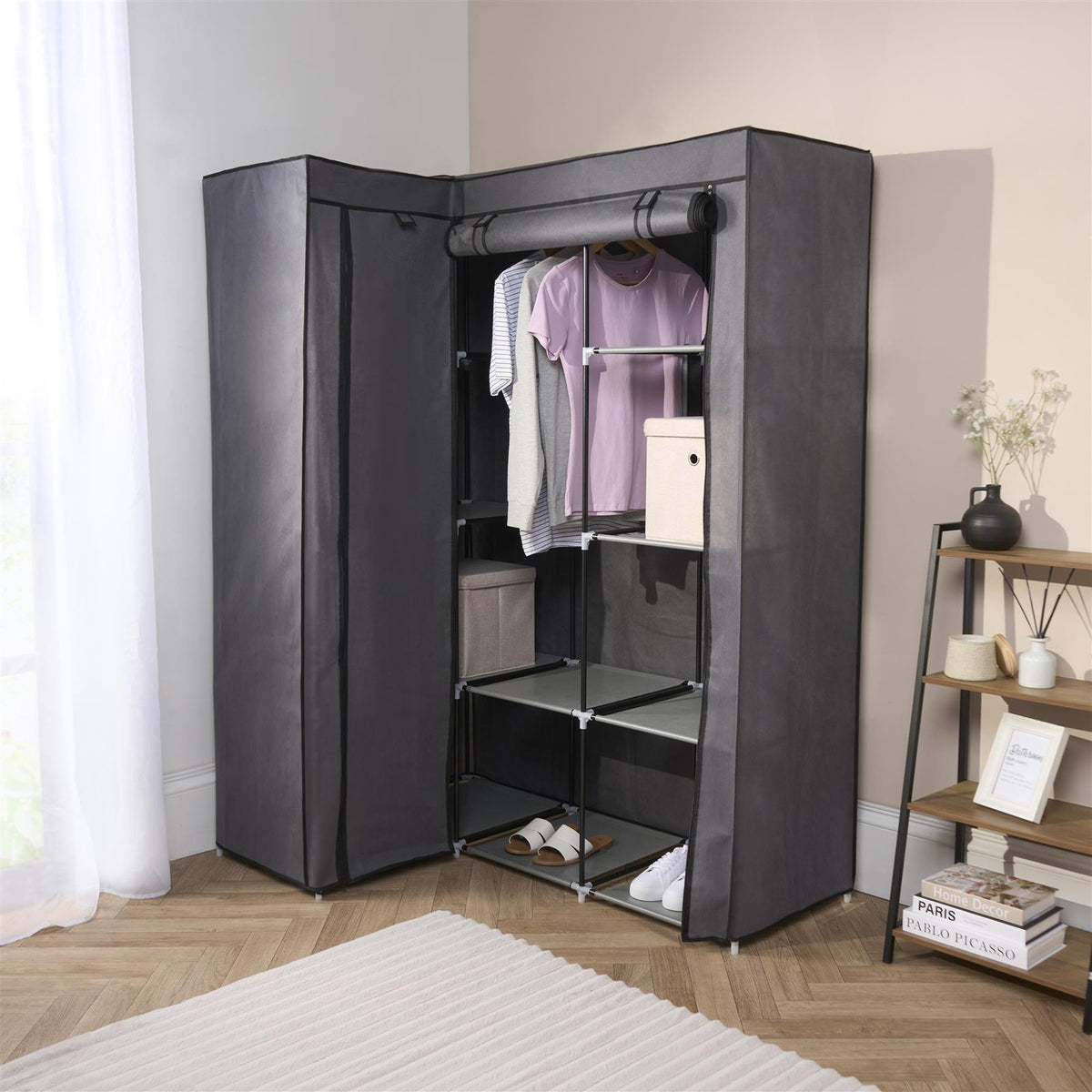 Corner Wardrobe Fabric Clothing Hanging Rail Bedroom Organiser 2 Door Home Decor