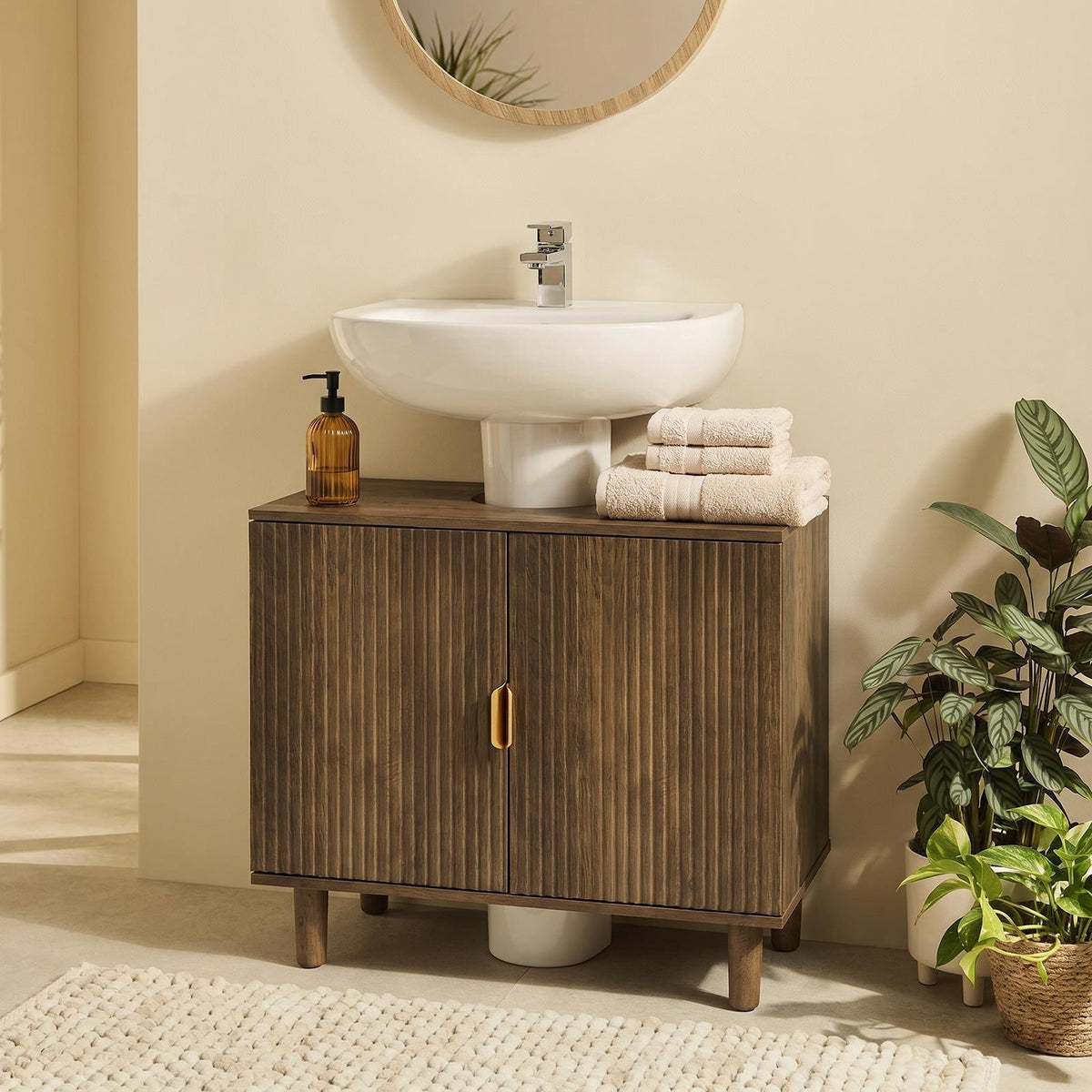 OHS Under Sink Bathroom Cabinet Ribbed Engineered Wood Storage Organiser