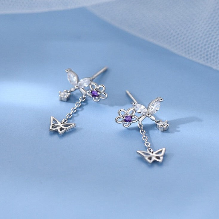 925 Sterling Silver Crystal Butterfly Drop Stud Earrings Jewellery Gift UK
