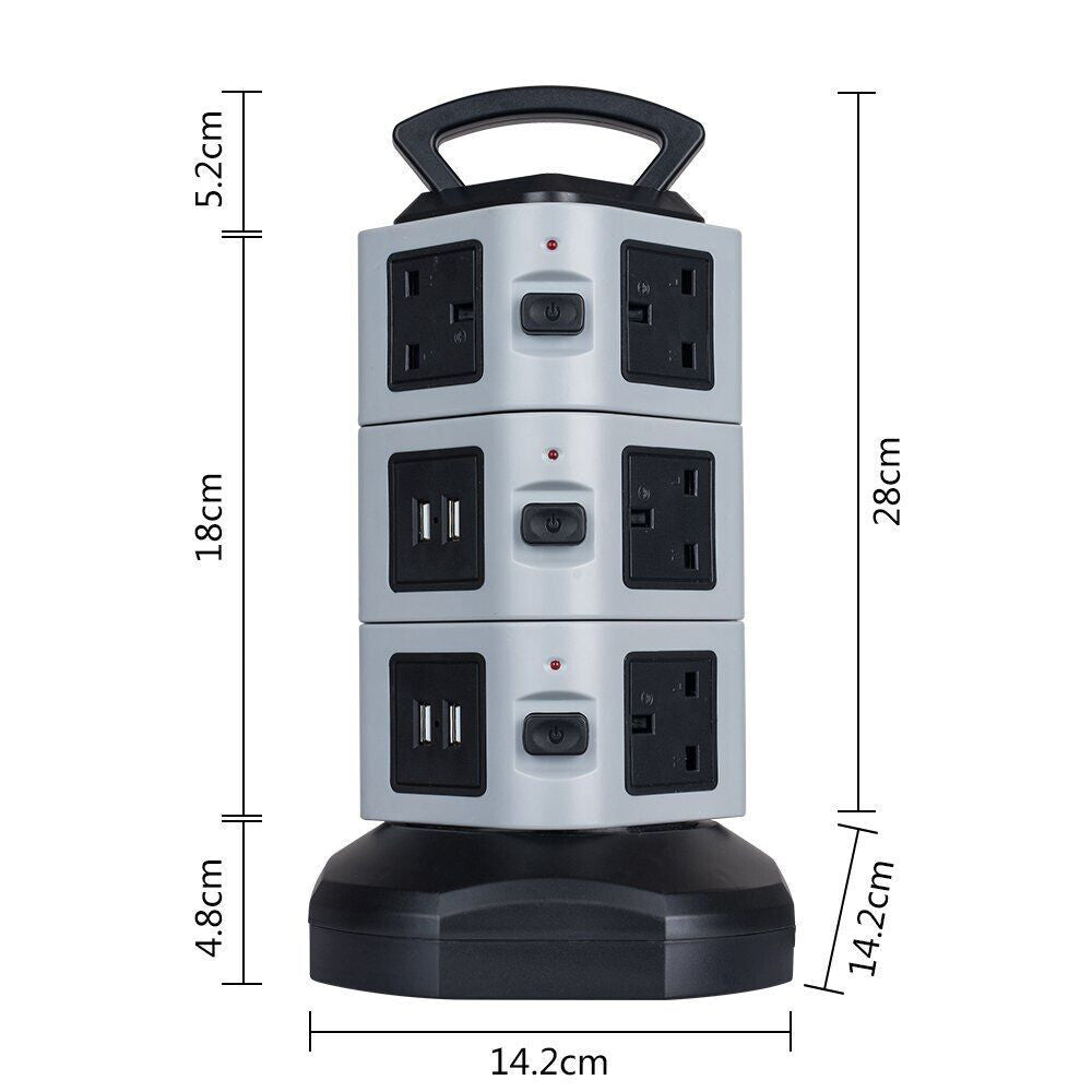 8/10 Way Tower Power Extension Lead 3M With 4 USB Ports UK Plug Surge Protected