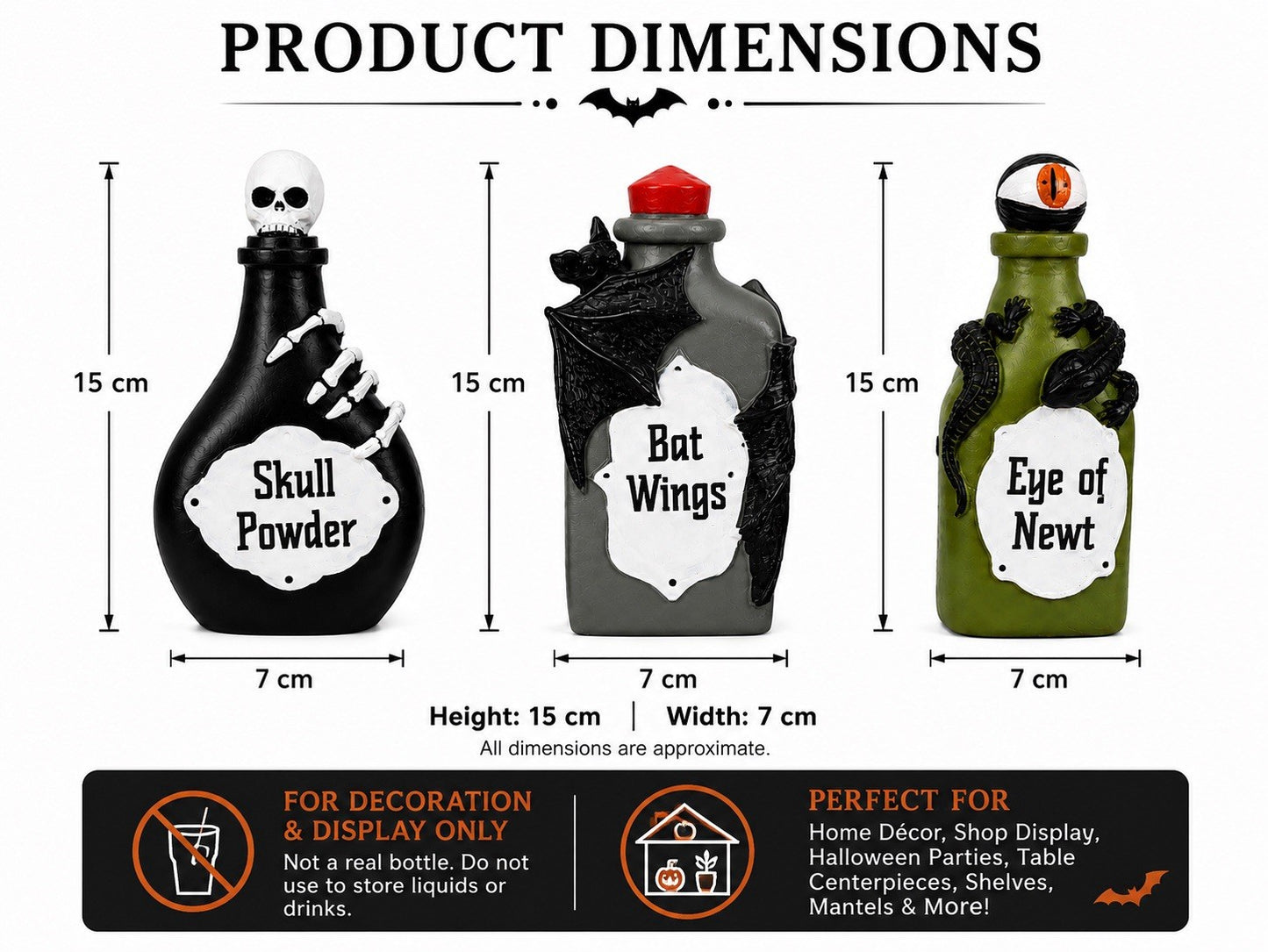 Halloween Decorations Set of 3 Spooky Potion Bottles Hand Painted 15cm Indoor