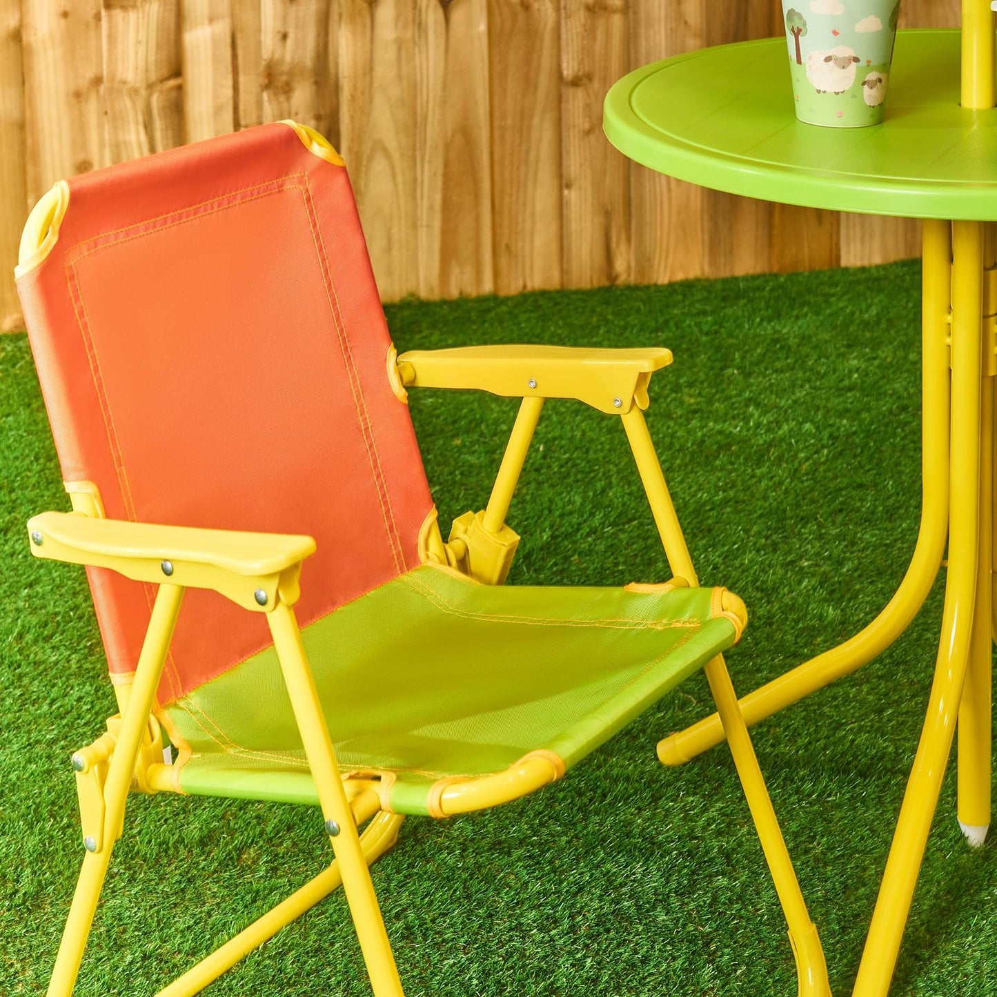 OHS Kids Folding Bistro Set Colour Block Table Chair Seat with Parasol Garden