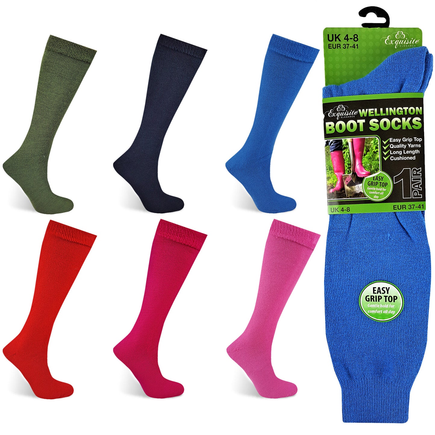 WOMENS WELLINGTON BOOT SOCKS EASY GRIP TOP LONG LENGTH CUSHIONED WELLY LONG HOSE