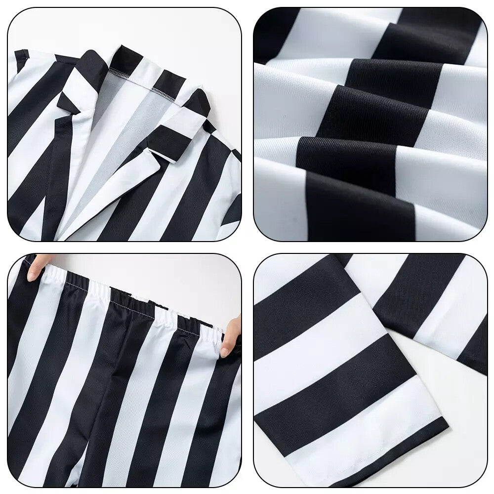 Men Beetlejuice Fancy Dress Spooky Halloween Cosplay Costume with Suit Pants Tie