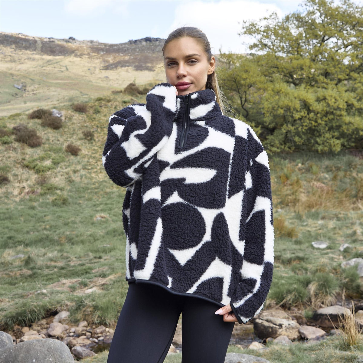 OHS Half Zip Hoodie Geometric Print Teddy Fleece Jumper Pullover Sweatshirt