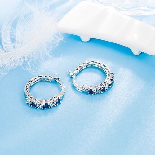 925 Sterling Silver Blue Crystal Hoop Earrings Jewellery Women Girls Gift UK