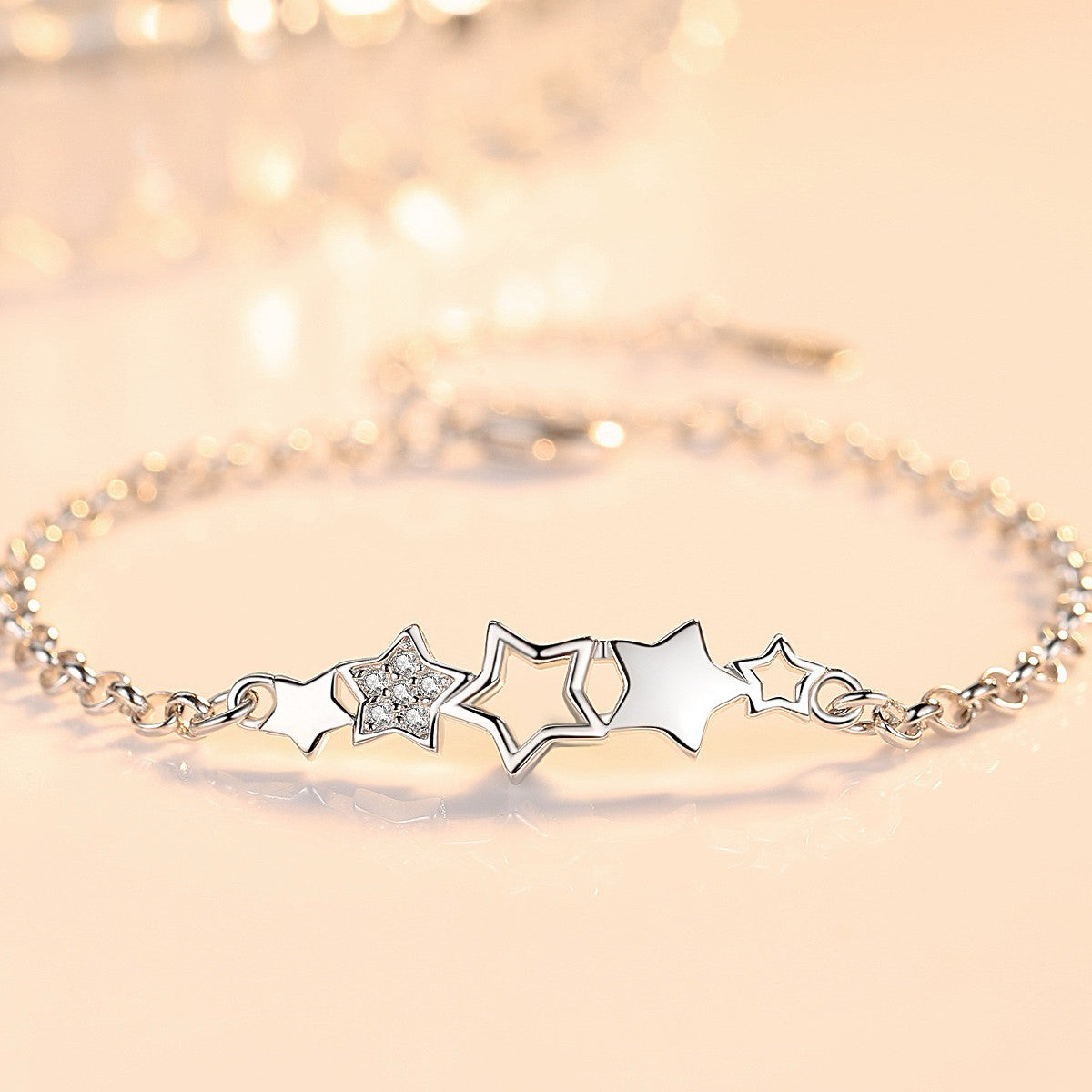 925 Sterling Silver Crystal Star Linked Charm Bracelet Women Jewellery Gift