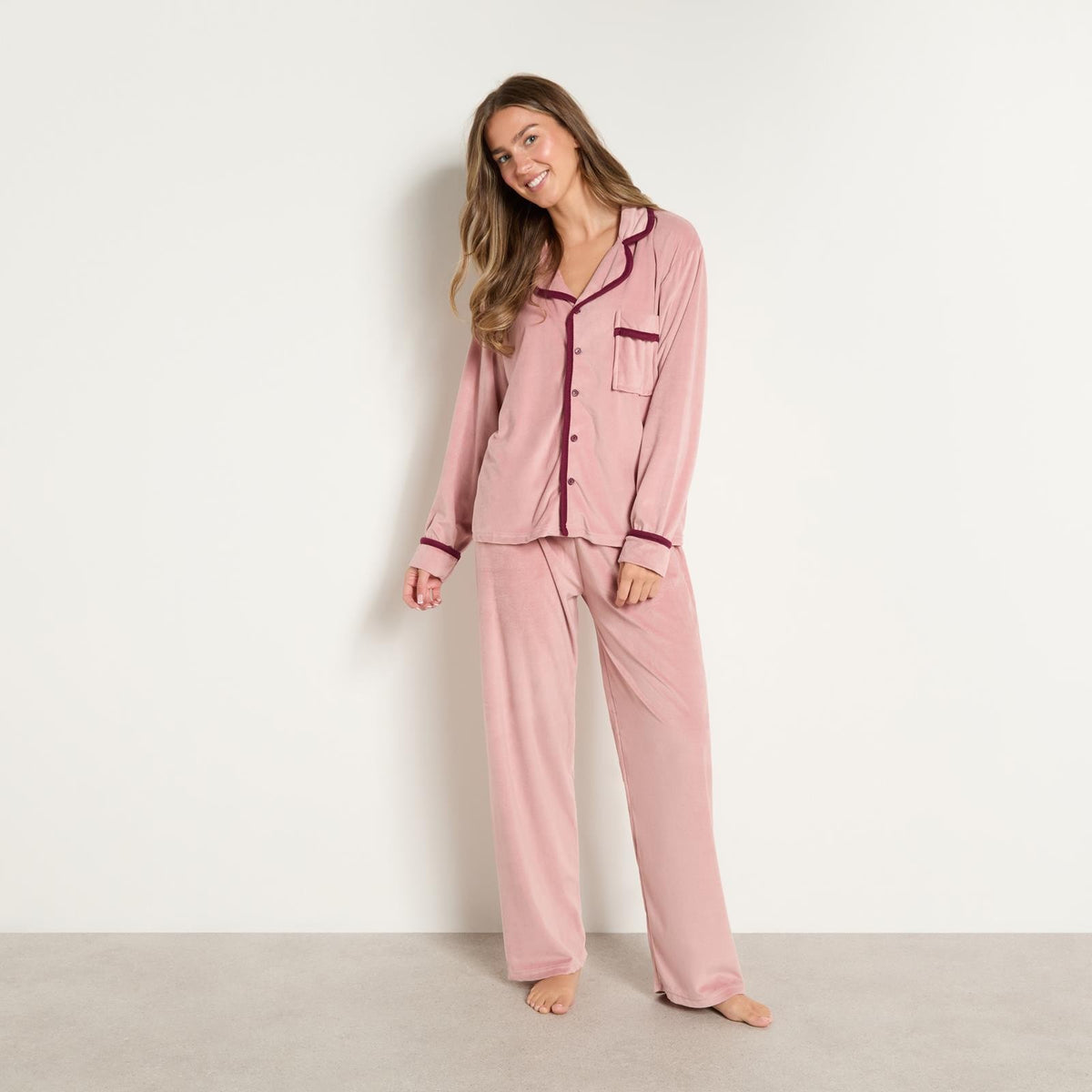 OHS Piped Edge Pyjama Set Button Through Fleece Womens Loungewear Nightwear Pjs