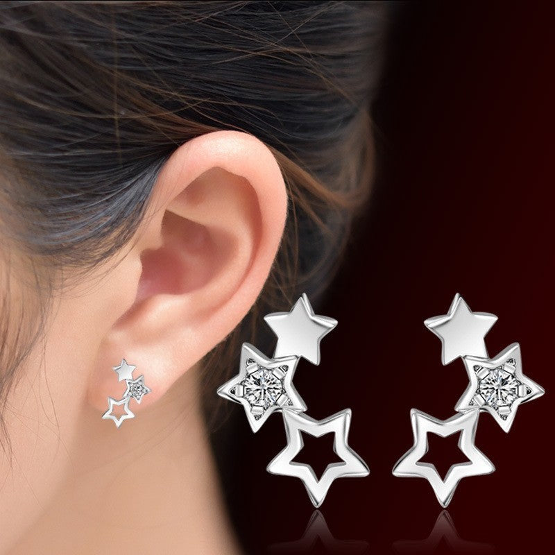925 Sterling Silver Crystal Star Linked Stud Earrings Jewellery Women Girls Gift
