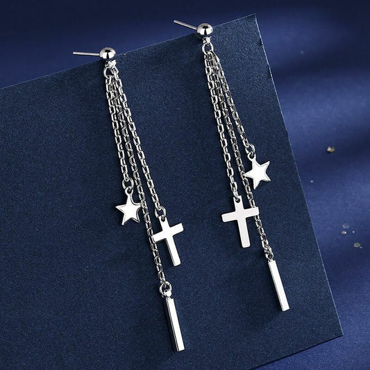 925 Sterling Silver Cross Star Dangle Tassel Drop Earrings Womens Jewellery UK