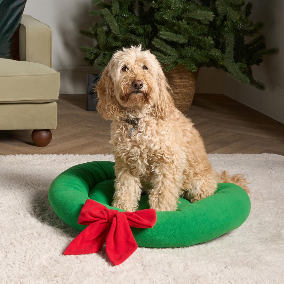 OHS Christmas Pet Bed Novelty Bow Wreath Round Calming Cushion for Dog Cat