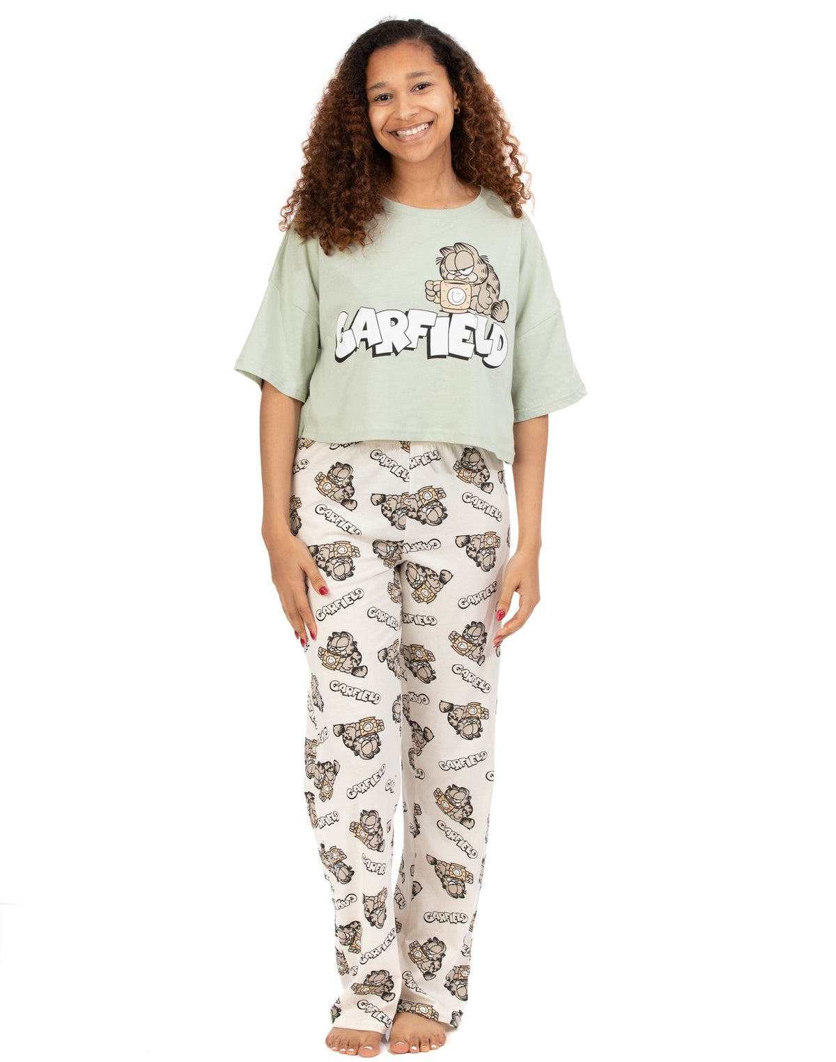 Garfield Short Sleeve Long Leg Pyjama Set | Womens Green/Oatmeal | Official Merc