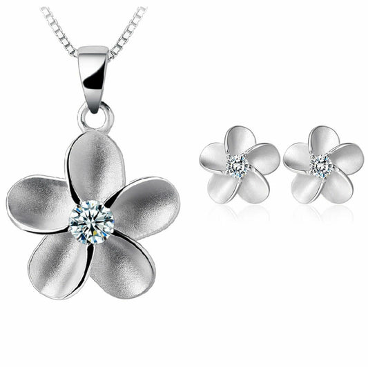 Women Crystal Flower Pendant Necklace Stud Earrings 925 Sterling Silver Jeweller