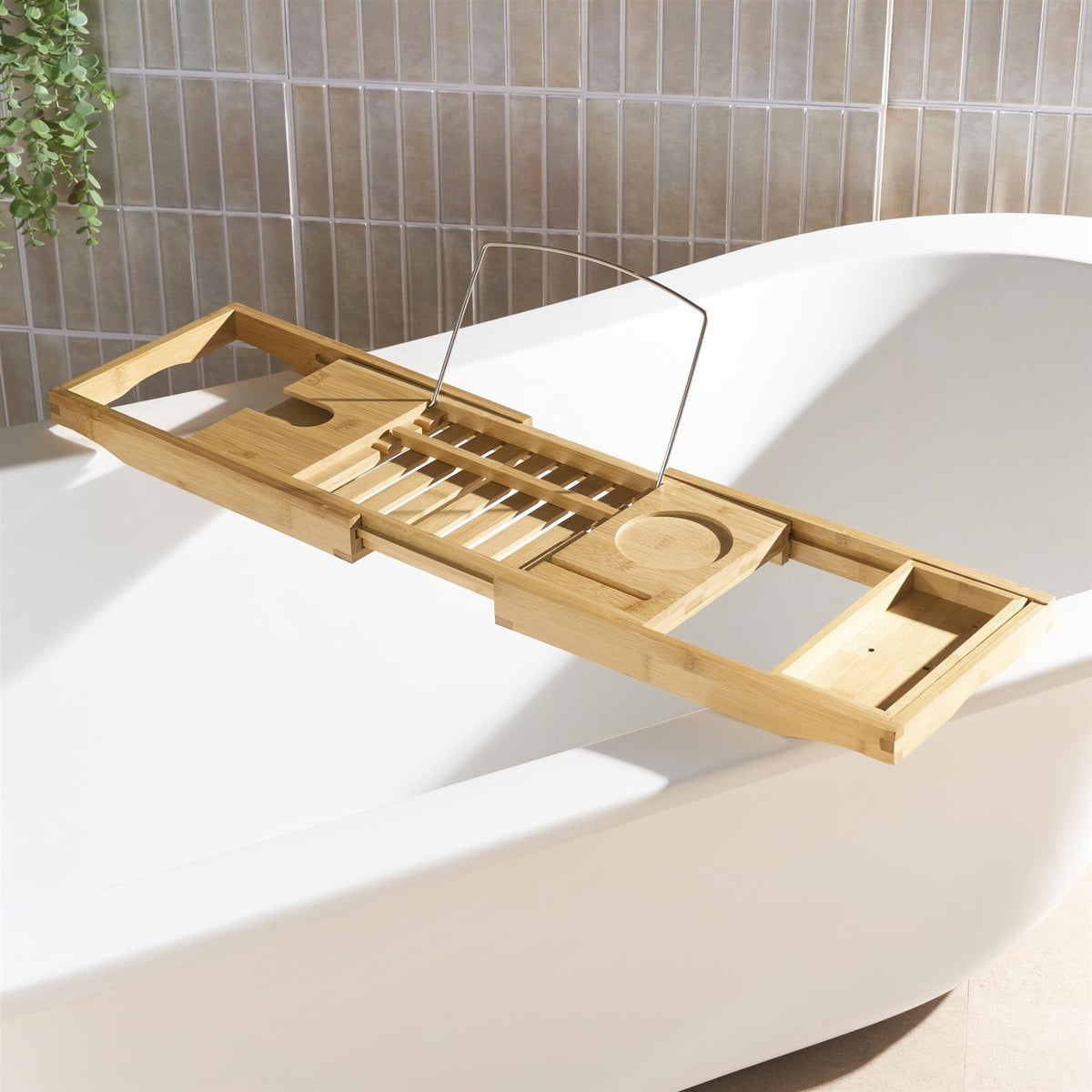 OHS Extendable Bath Tray Bamboo Bathtub Shelf Caddy Freestanding