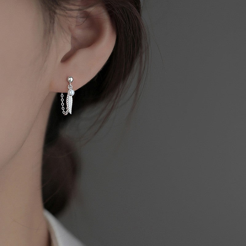 925 Sterling Silver Pearl Feather Drop Stud Earrings Women Girls Jewellery Gift
