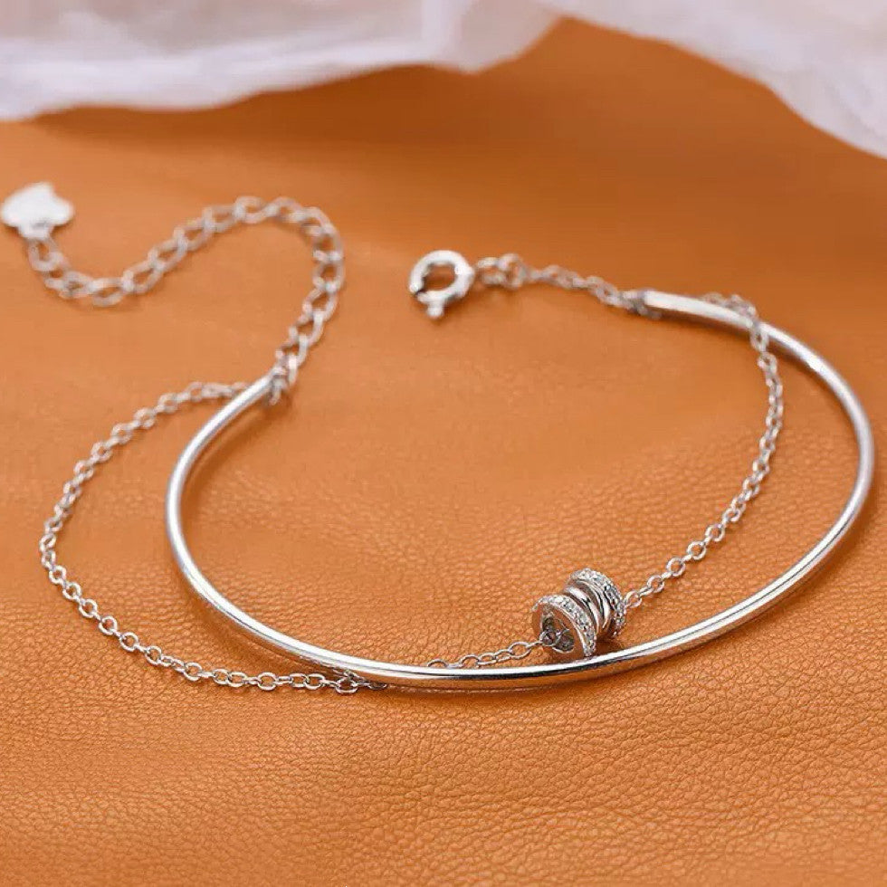 925 Sterling Silver Crystal Double Layer Fashion Charm Bracelet Women Jewellery