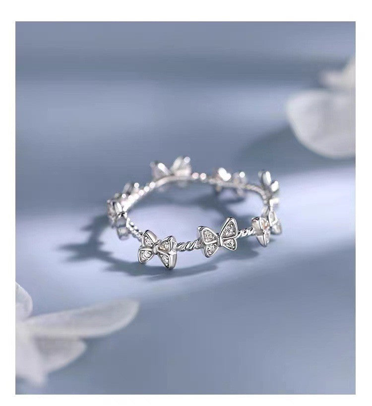 925 Sterling Silver Crystal Butterfly Linked Adjustable Ring Women Jewellery