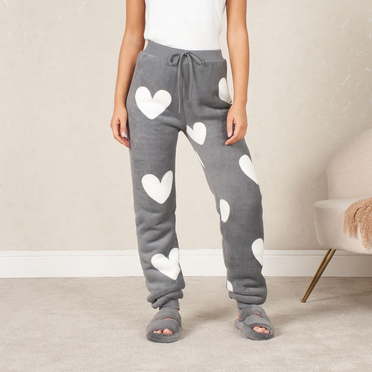 Ladies Fleece Pyjama Set Soft Sherpa Womens PJ Heart Lounge Pants Warm Nightwear