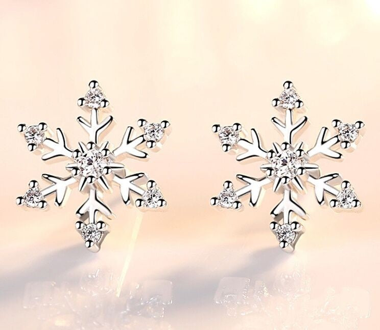 Crystal Snowflakes 925 Sterling Silver Stud Earrings Women Girls Christmas Gift