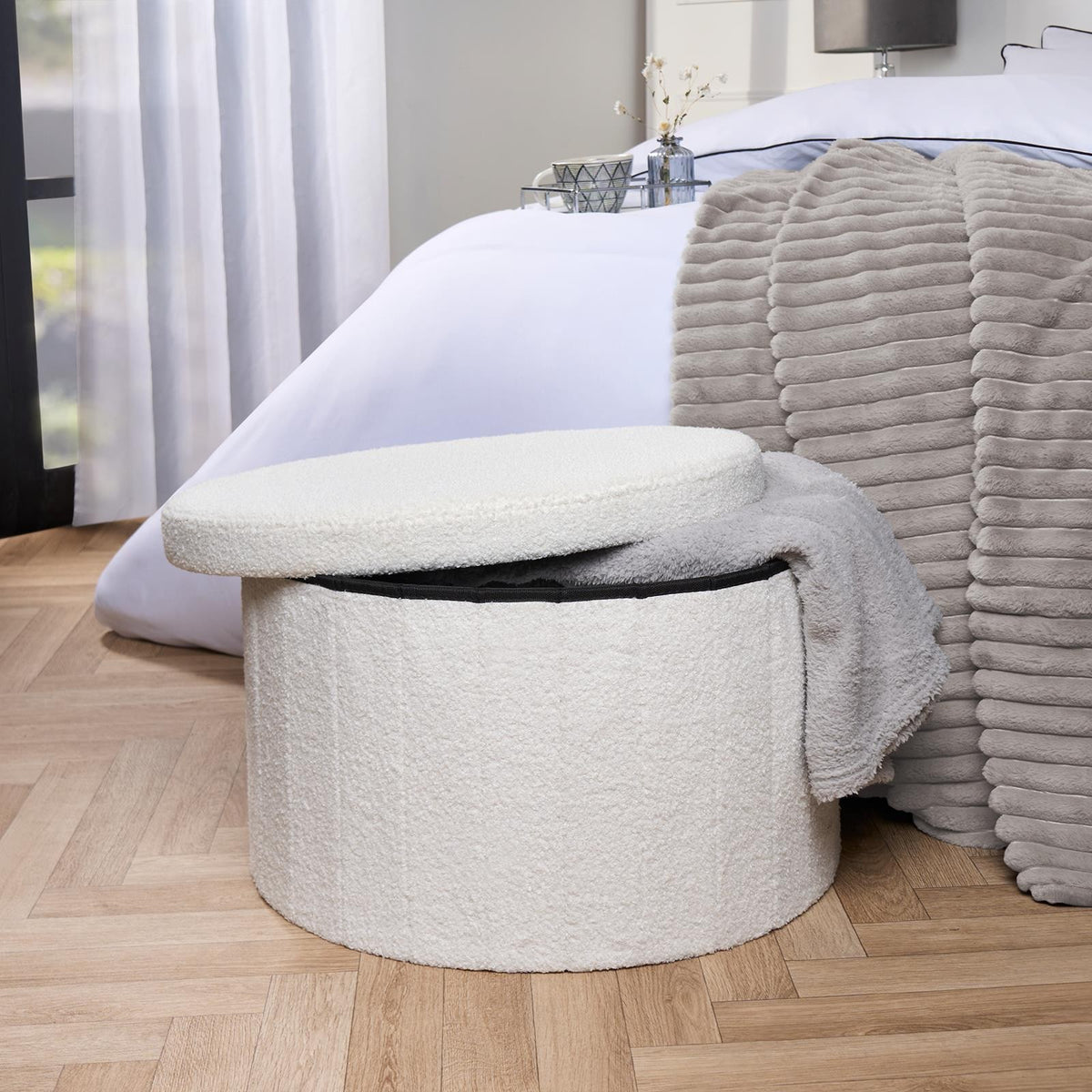 OHS Ottoman Boucle Storage Box Folding Footstool Cube Round Rectangle