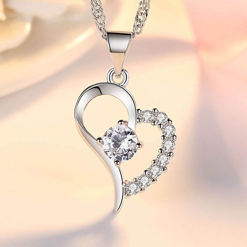 Women Crystal Heart Pendant Chain Necklace 925 Sterling Silver Jewellery Gift UK