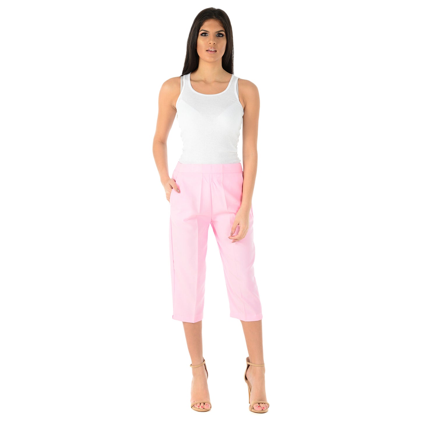 3/4 LENGTH WOMENS LADIES STRETCH ELASTICATED WAIST PLAIN PANTS CROPPED TROUSERS