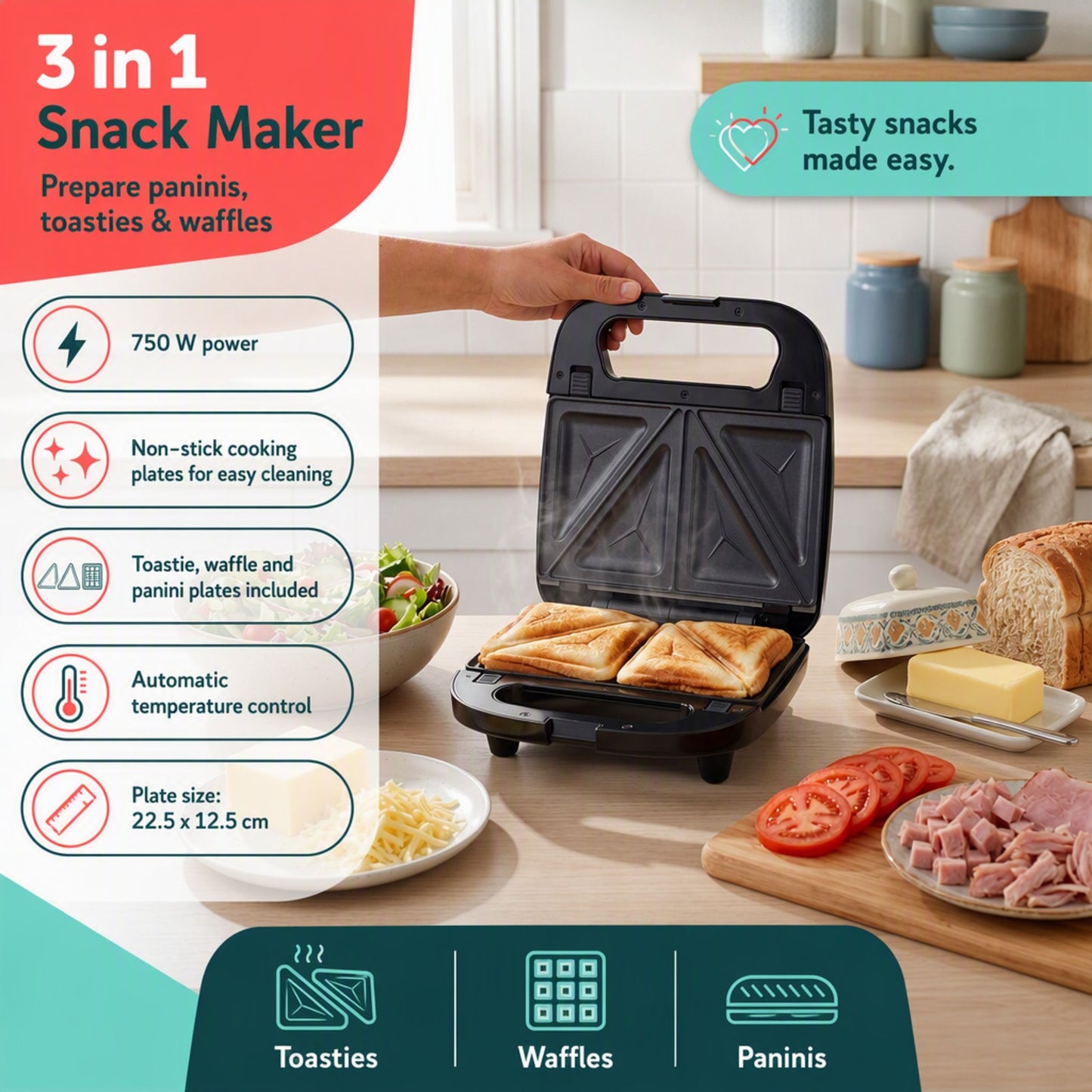 Progress 3-in-1 Snack Maker – Paninis, Toasties & Waffles, Non-Stick, 700W