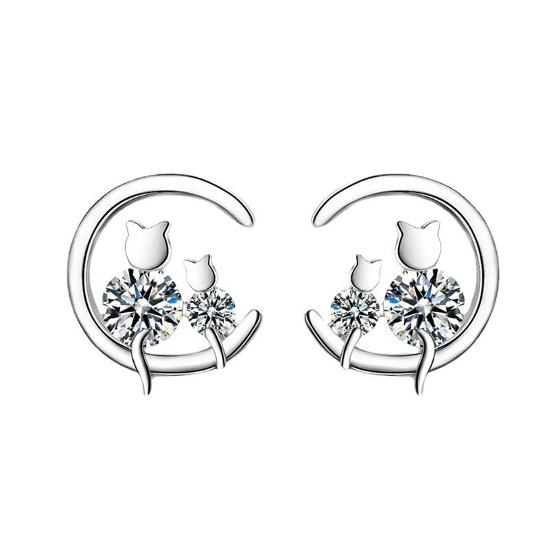 Womens Girls Crystal Moon Cats Stud Earrings 925 Sterling Silver Jewellery Gift