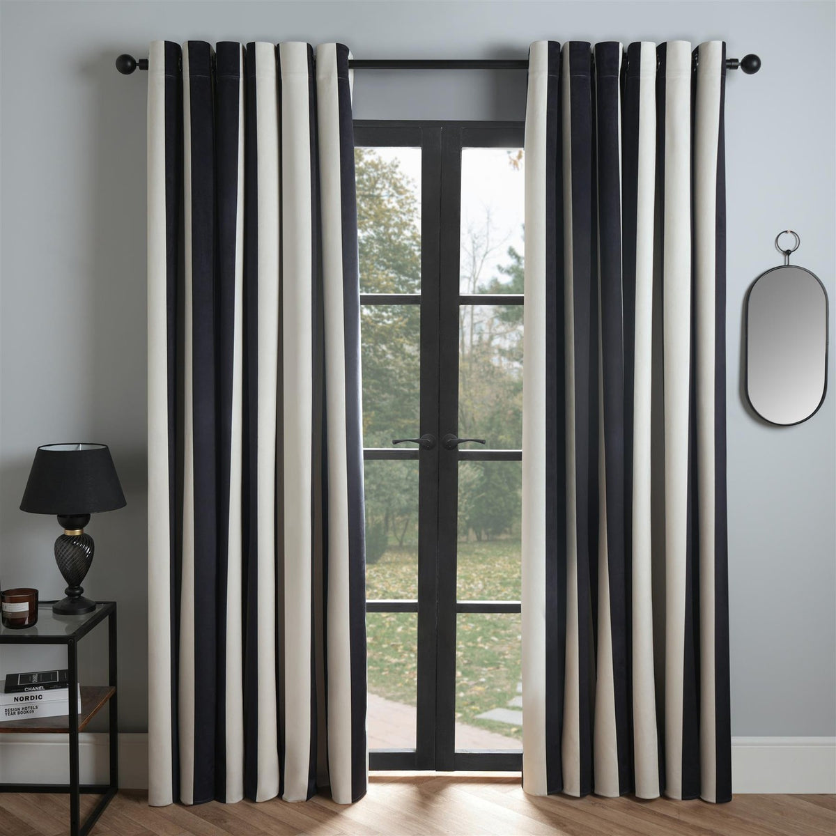 Stripe Blackout Eyelet Curtains Thermal Pair of Ring Top Panels Ready Made Décor