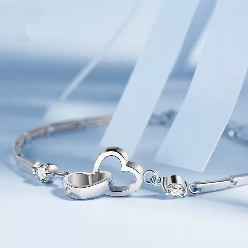 925 Sterling Silver Crystal Heart Linked Bracelet Women Girls Jewellery Gift UK