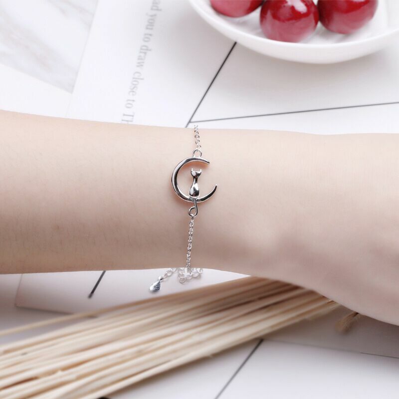 Women Girls Cute Moon Cat  Charm Bracelet 925 Sterling Silver Jewellery Gift UK