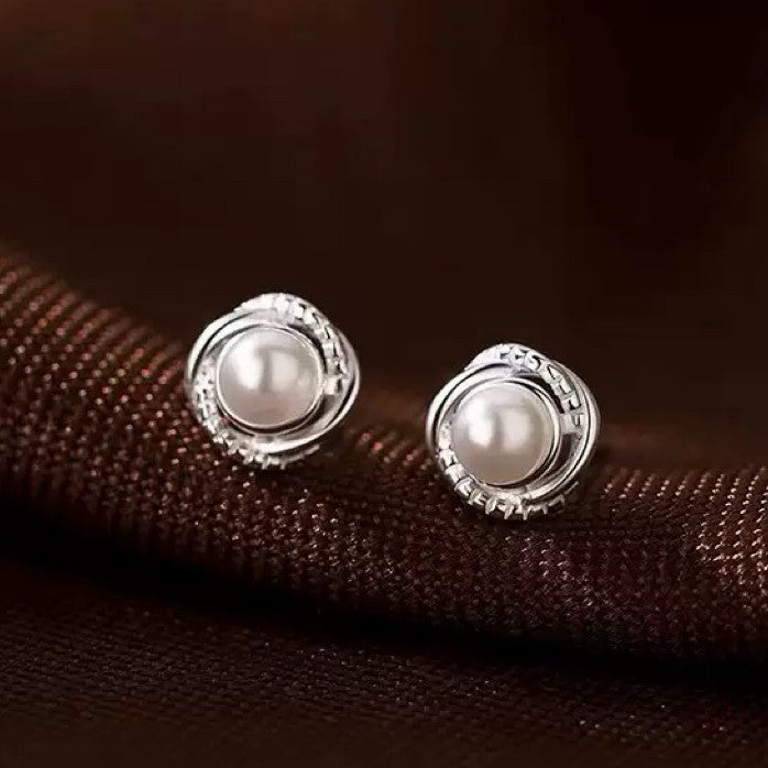 Crystal Swirl Pearl Stud Earrings Women Girls 925 Sterling Silver Jewellery Gift