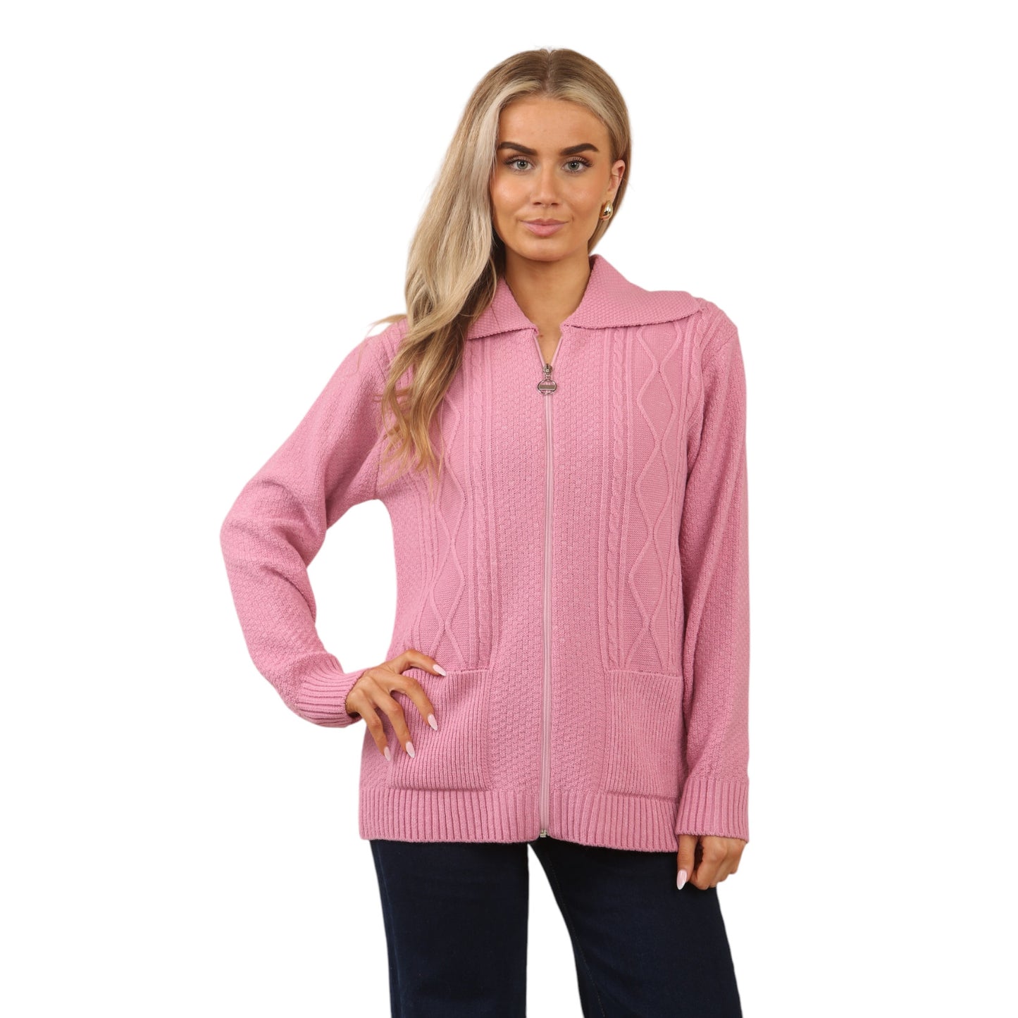 WOMENS ZIP UP CARDIGAN LADIES DIAMOND CABLE KNIT LONG SLEEVES SWEATER TOP JUMPER