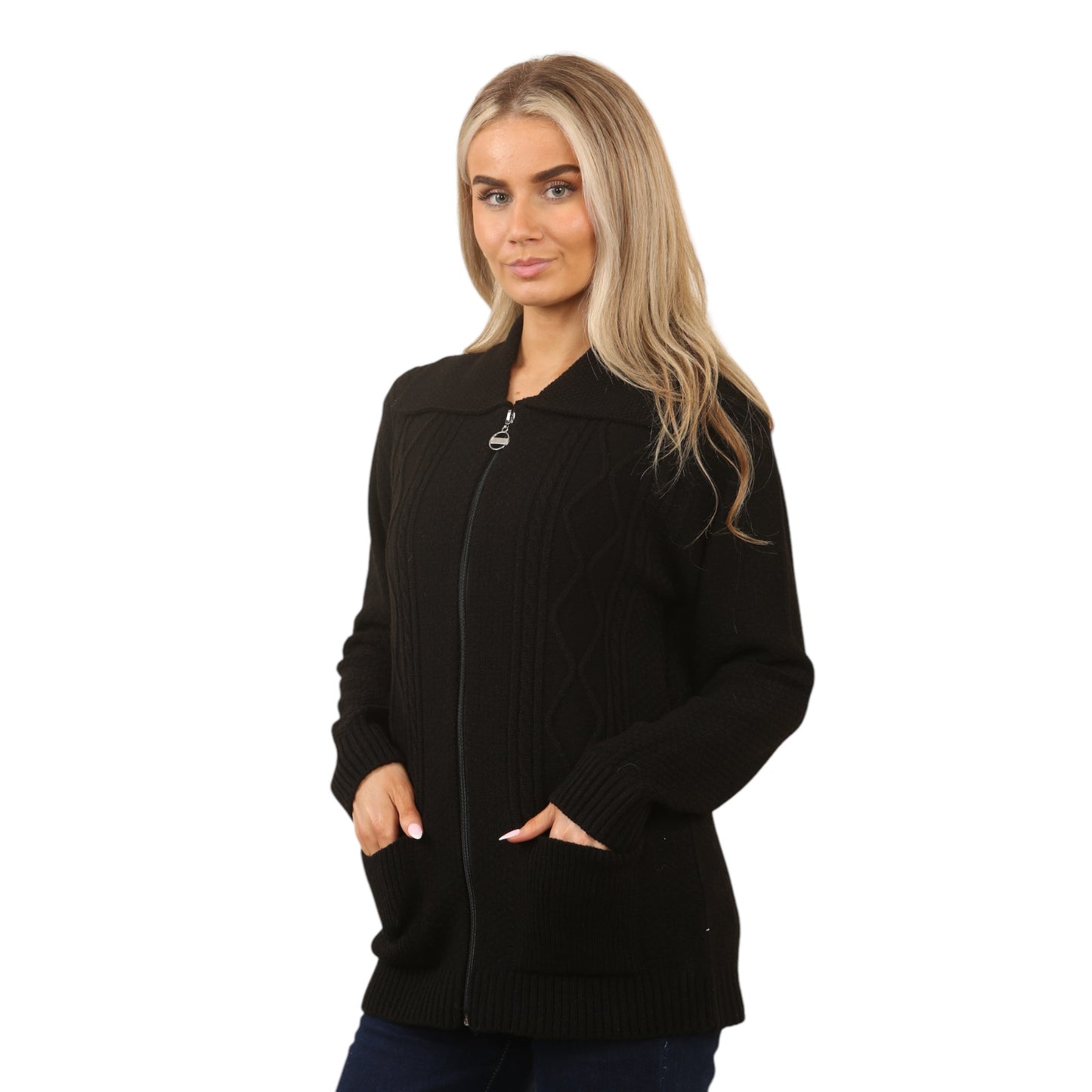 WOMENS ZIP UP CARDIGAN LADIES DIAMOND CABLE KNIT LONG SLEEVES SWEATER TOP JUMPER
