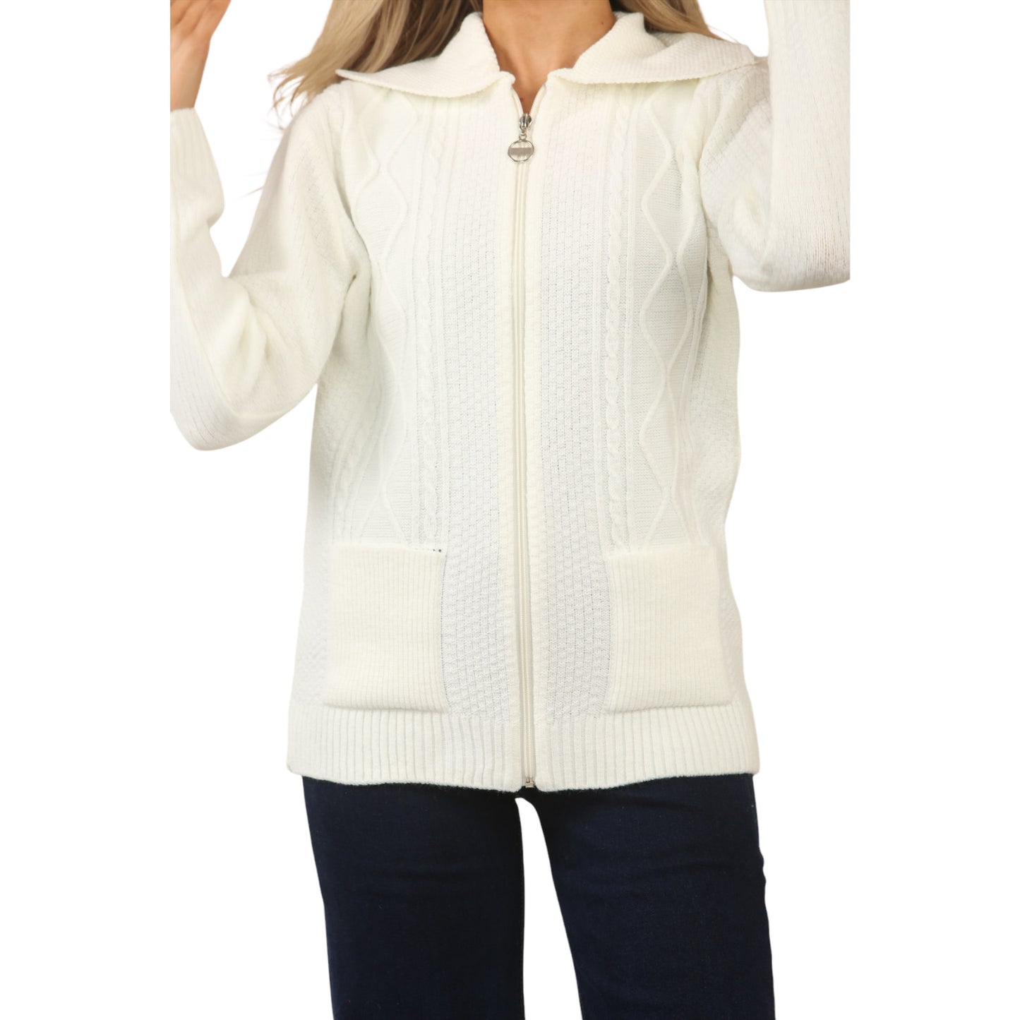 WOMENS ZIP UP CARDIGAN LADIES DIAMOND CABLE KNIT LONG SLEEVES SWEATER TOP JUMPER