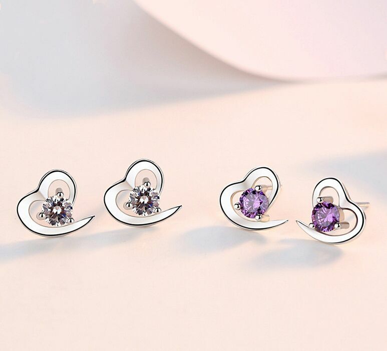 925 Sterling Silver Crystal Heart Stud Earrings Womens Girls valentine's Gift