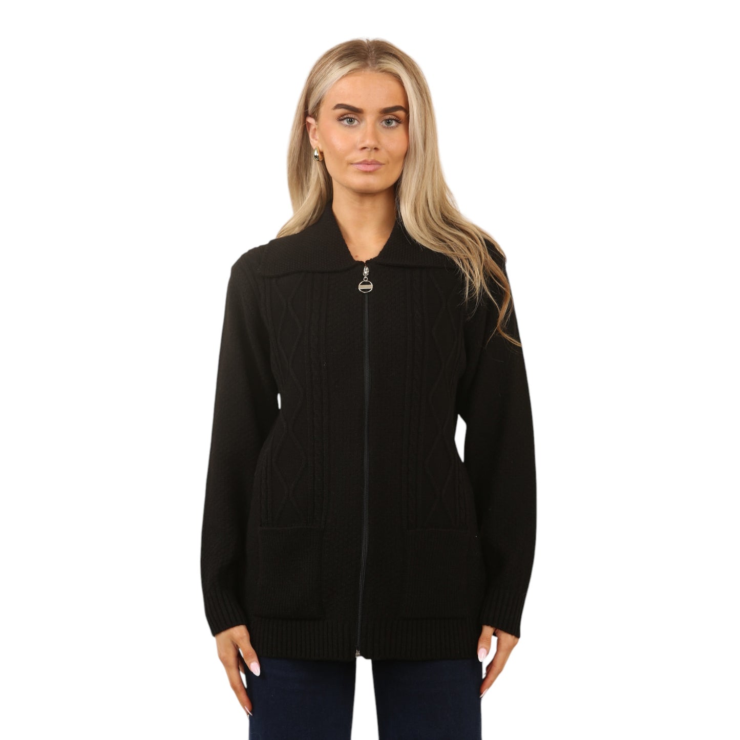 WOMENS ZIP UP CARDIGAN LADIES DIAMOND CABLE KNIT LONG SLEEVES SWEATER TOP JUMPER