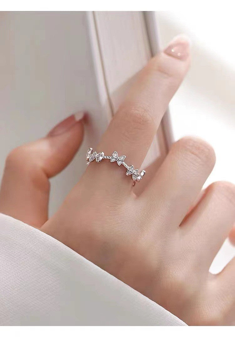 925 Sterling Silver Crystal Butterfly Linked Adjustable Ring Women Jewellery