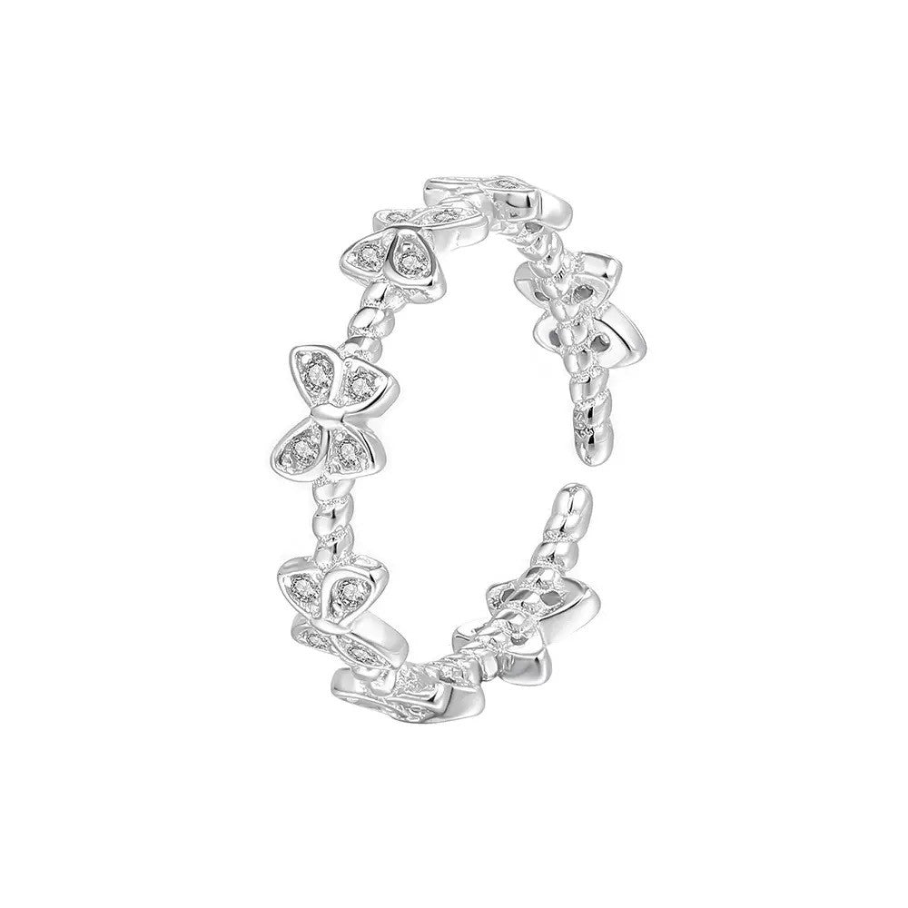 925 Sterling Silver Crystal Butterfly Linked Adjustable Ring Women Jewellery