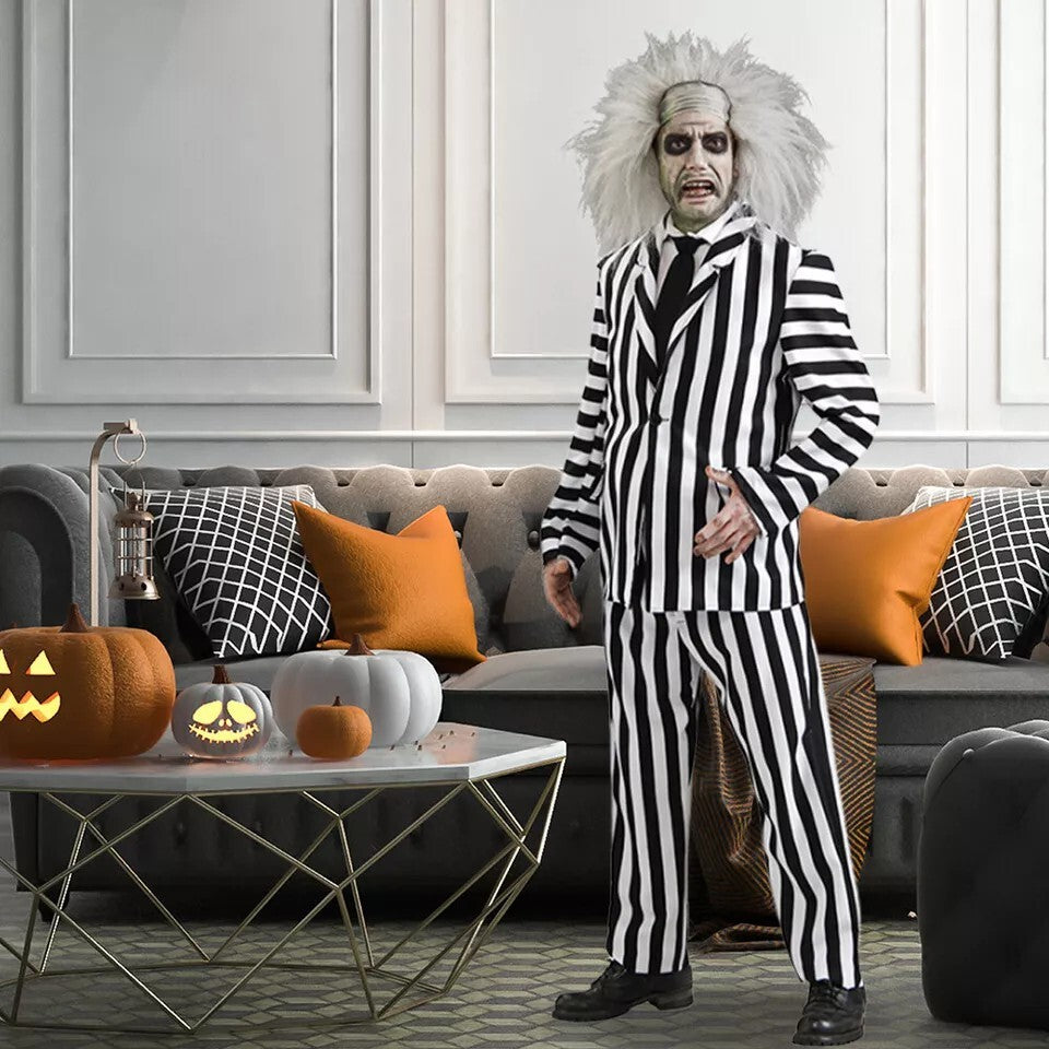 Men Beetlejuice Fancy Dress Spooky Halloween Cosplay Costume with Suit Pants Tie