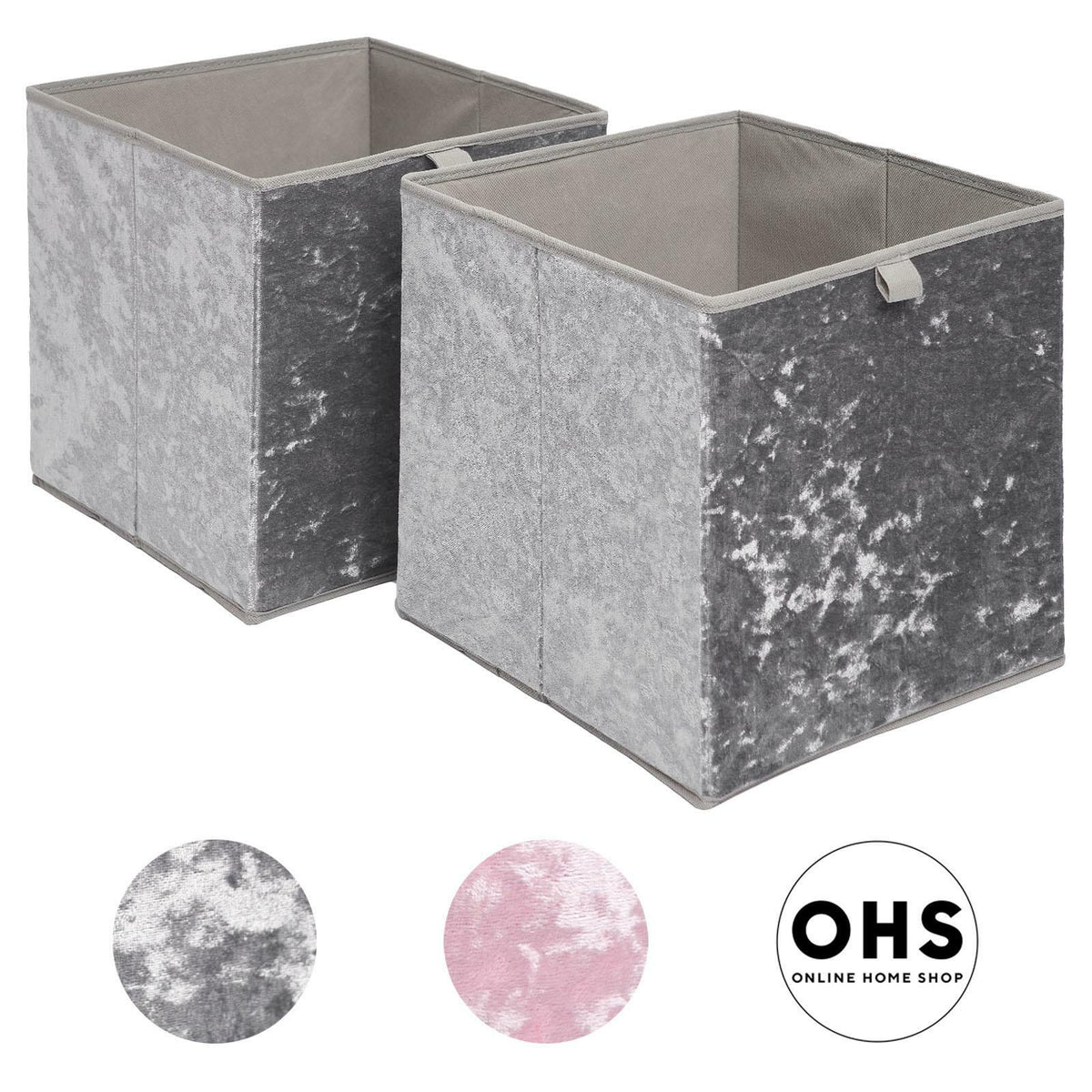OHS Pack of 2 Crushed Velvet Storage Boxes Collapsible Foldable Square Cube Box