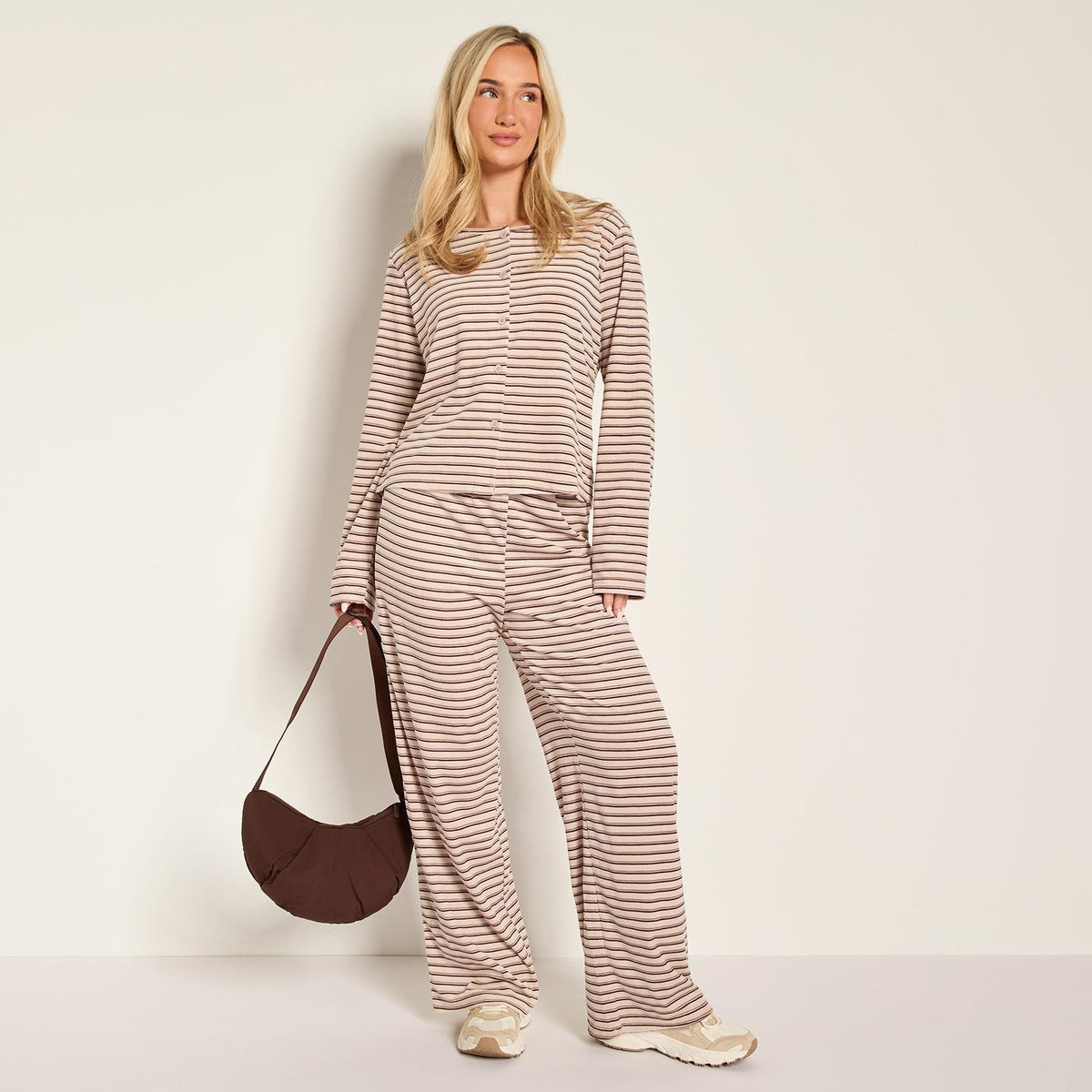 OHS Matte Velvet Loungewear Co-Ord Set Stripe Print Button Through Nightwear