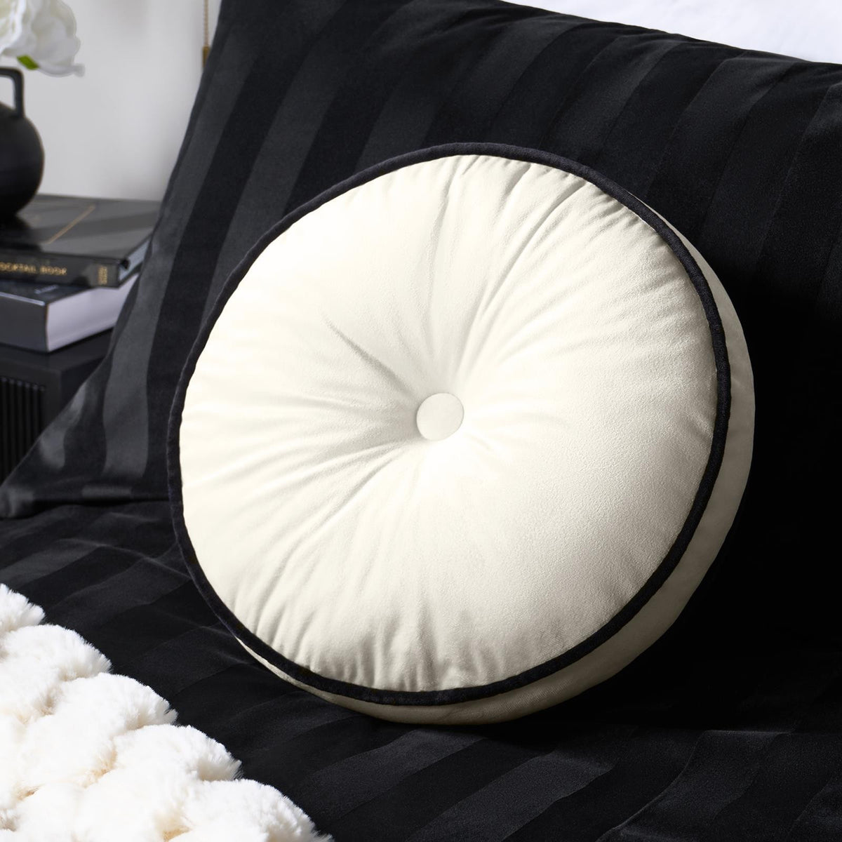 OHS Velvet Filled Cushion Round Bedroom Decor Scatter Chair Sofa Button Pillow
