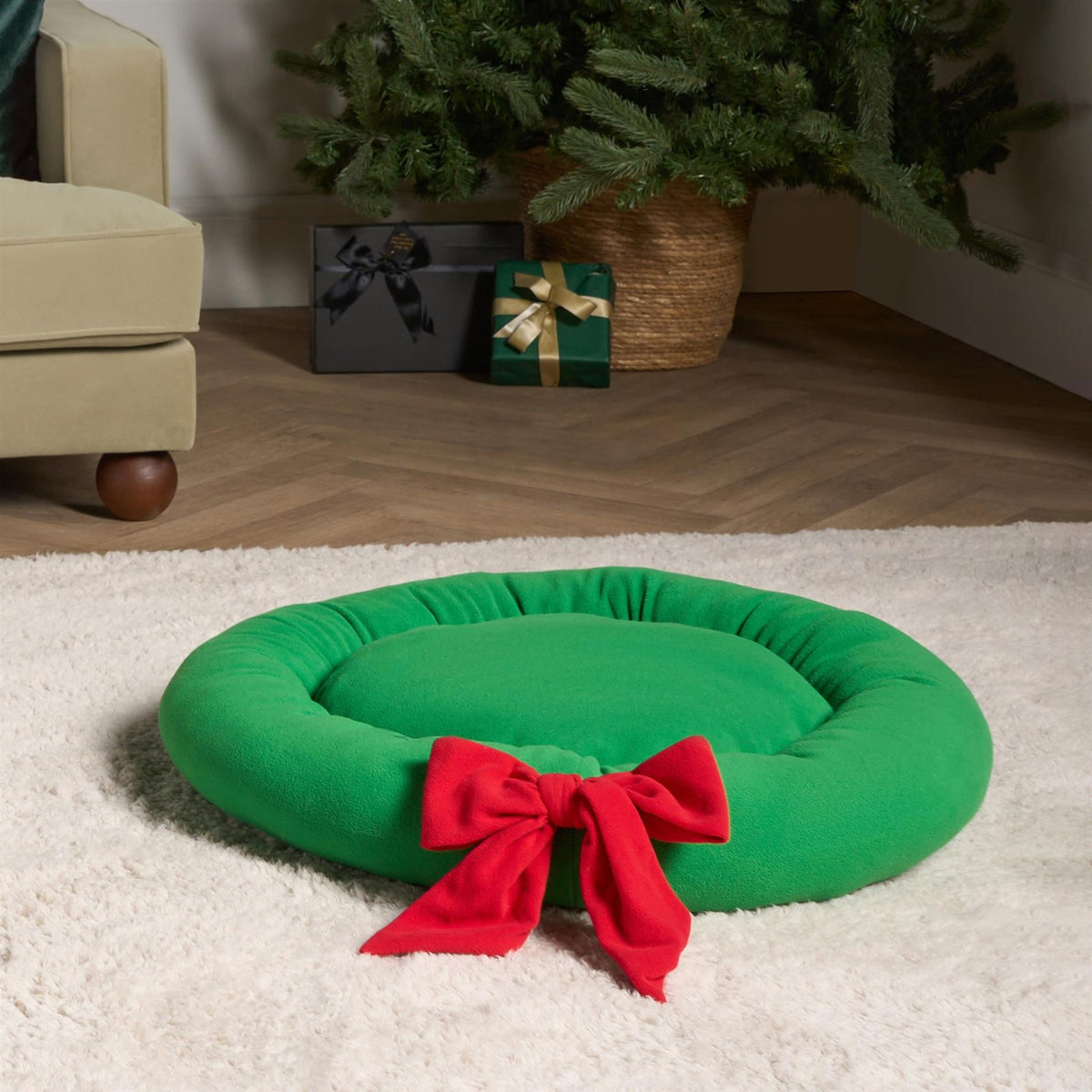OHS Christmas Pet Bed Novelty Bow Wreath Round Calming Cushion for Dog Cat