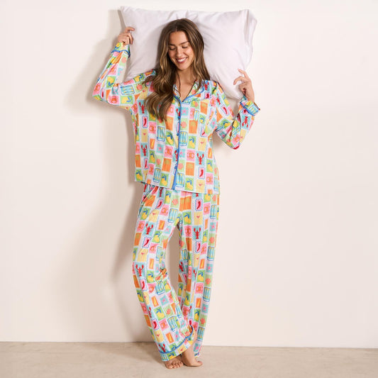 OHS Postcards Print Pyjama Set Womens Jersey Button Through Nightwear Loungewear